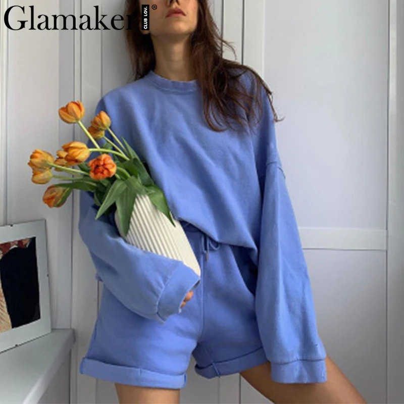 Повседневный женский спортивный костюм Glamaker оверсайз с длинным рукавом синий