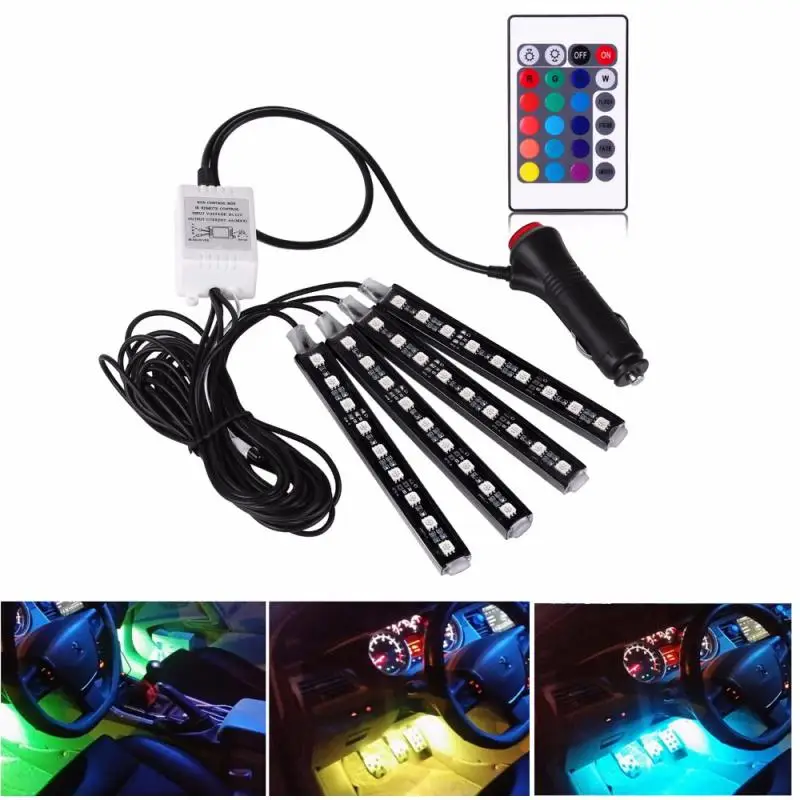

Светодиодная лента RGB для украшения автомобиля, декоративные лампы для создания атмосферы, светильник салона автомобиля с дистанционным уп...