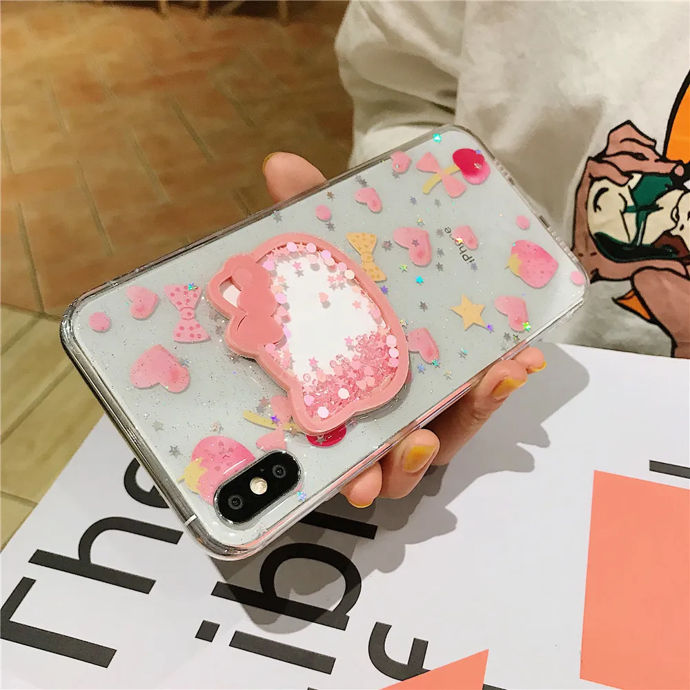 Милый розовый блестящий чехол Hello kitty из ТПУ с блестками для iPhone 11 6s 7 8 Plus X XR XS MAX love heart сыпучий песок украшение лазерный чехол