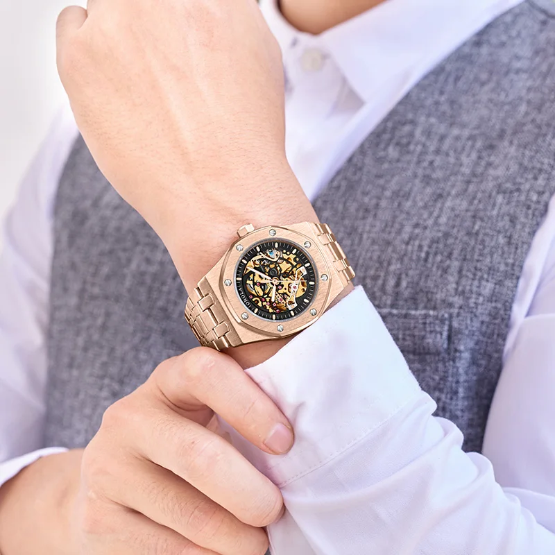 

Trendy Luxury Top Quality Mechanical Watch For Men's Waterproof Stainless Steel Hollow Casual Casual Automatic Male Clock