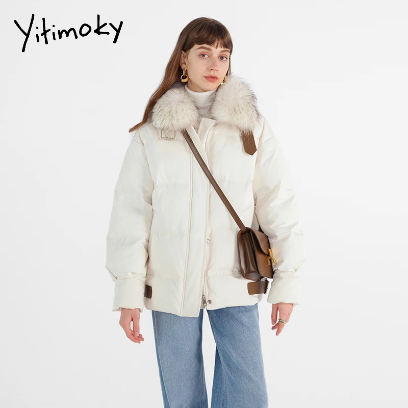 

Yitimoky Beige Coat Woman Jacket Short Fur Collar Down Cotton 2021 Winter Korean Fashion Warm Female Pleated Parkas Outerwear