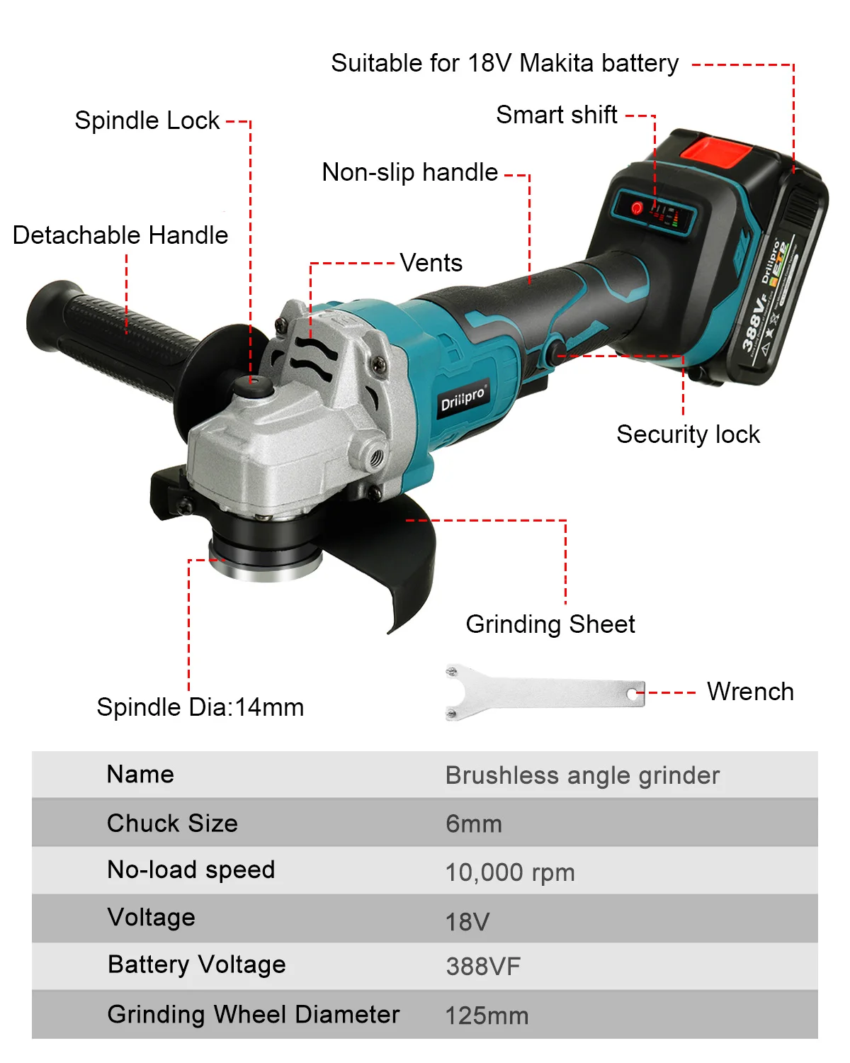 Бесщеточная угловая шлифовальная машина Drillpro 125 мм 3 шестерни