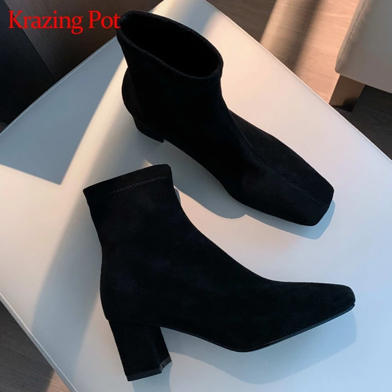 

Krazing pot microfiber square toe streetwear Chelsea boots plus size slip on med heels superstar work stretch ankle boots L7f1