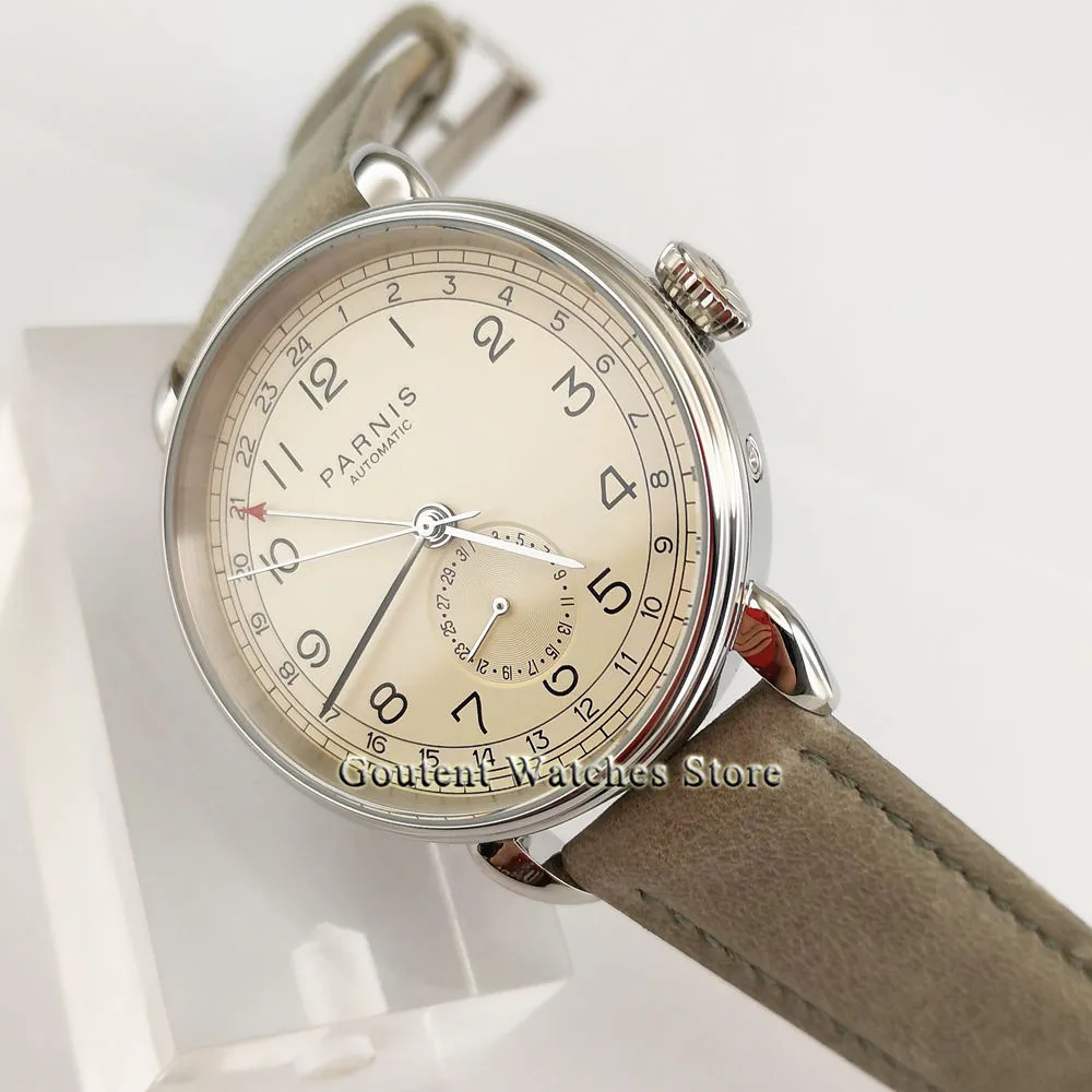 Новые мужские часы Parnis 42 мм GMT топовые брендовые механические серебристый футляр