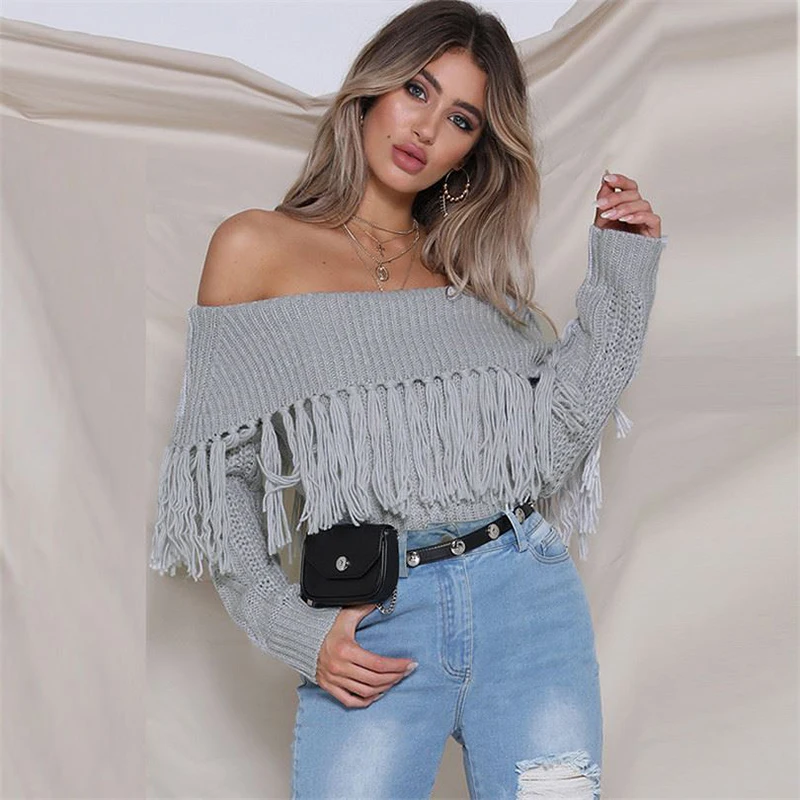 

Paris Girl Women Sexy Off Shoulder Winter Sweater Autumn Long Sleeve Tassel Sweater Ladies Solid Slash Neck Knitted Crop Tops