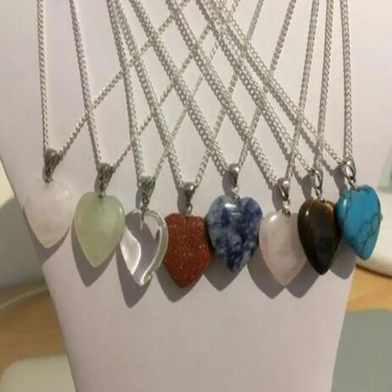 

Natural Stone Love Heart Necklace Pendant Vintage Silver Statement Choker Collares Chain Necklace For Womens Jewelry Gifts