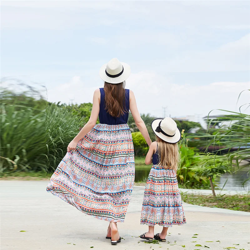 

Summer Matching Outfits Beach Sleeveless Dress Mommy Patchwork Long Maxi Dresses