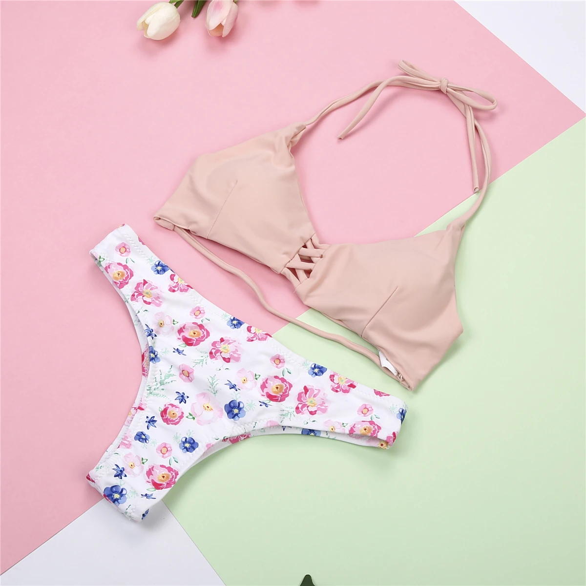 

Sexy Bandge Swimsuit Bikini Sets Women Push-up Padded Bra Bikini Set Triangle Swimwear Floral