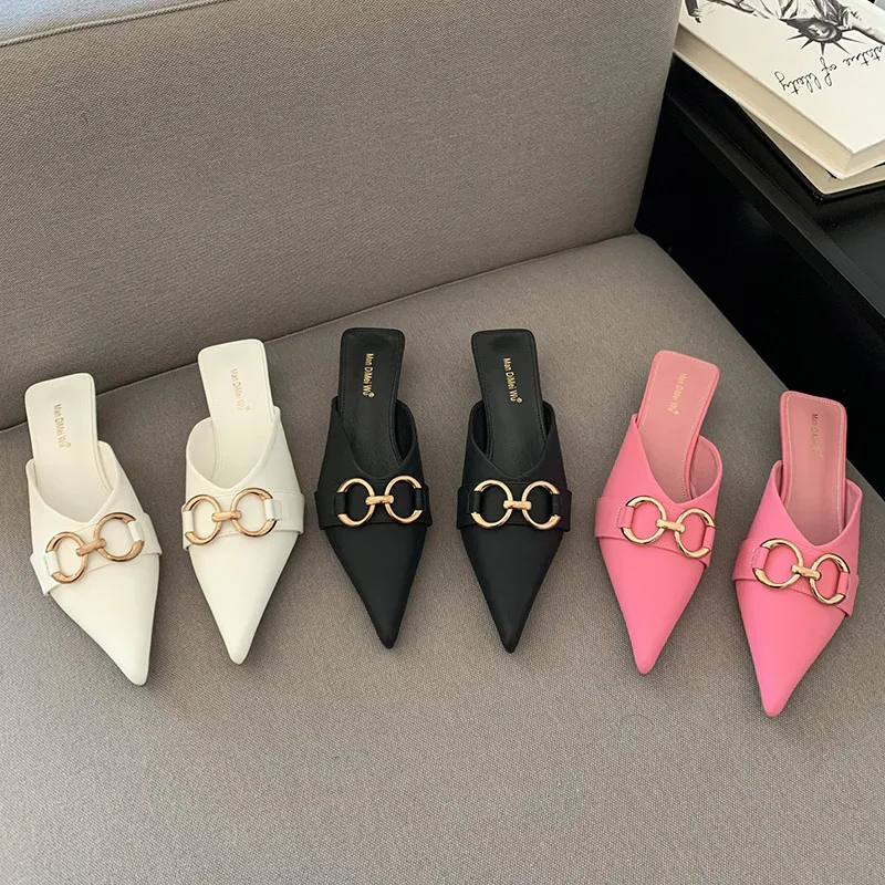 

New Fashion Women 3cm Low Heel Slipper Brand Metal Chain Slides Ladies Pointed Toe Slip On Outside Mules Sandal Shoes Flip Flop