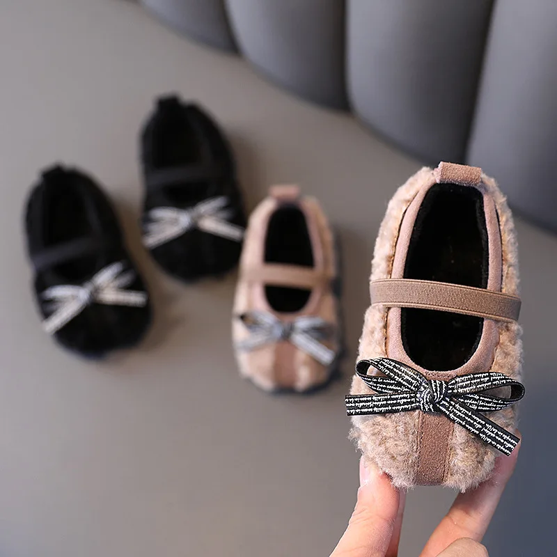 

Girls' Fluffy Wool Boots Winter New Korean Style Children's Bow Cotton-Padded Shoes Toddler Girls Shoes