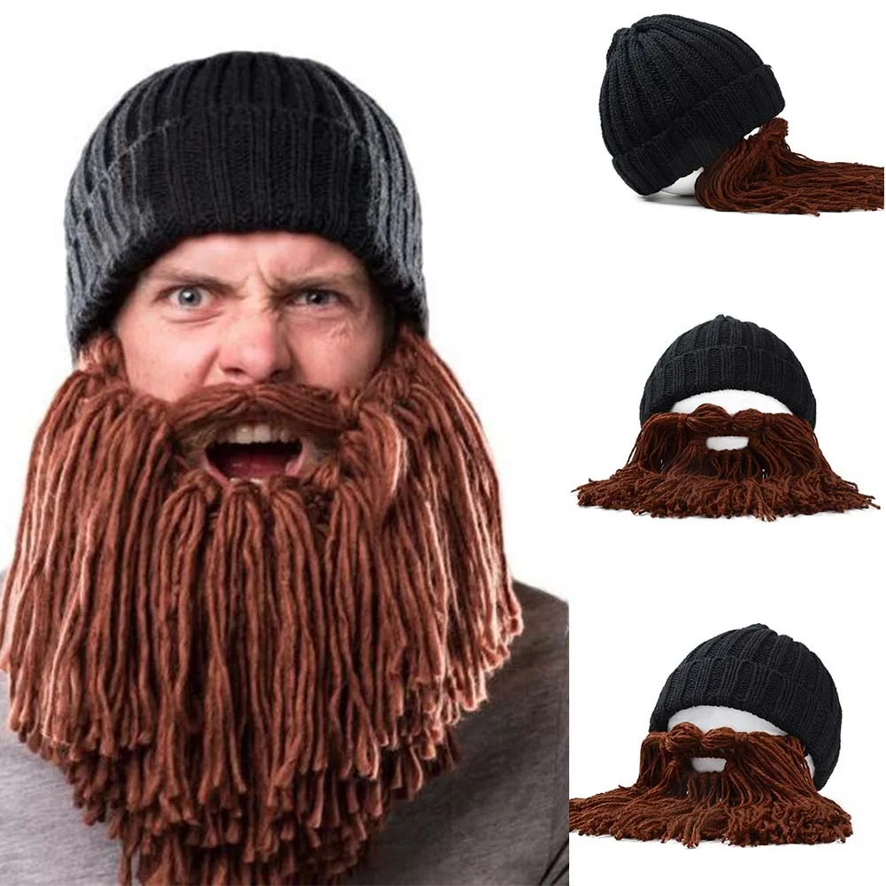 Man Vikings Beanies Knit Hats Beard Handmade Knitted Men's Winter Warm Caps Women Gift Party Mask Cosplay Cap | Аксессуары для