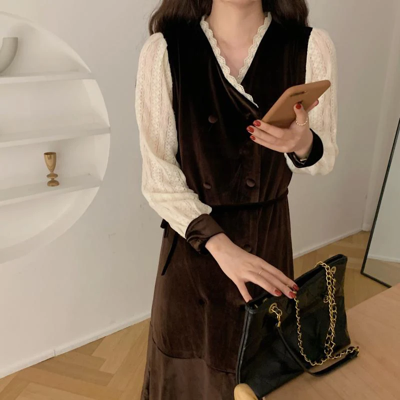 

Alien Kitty 2020 Retro Elegant Women Dresses Sweet V-Neck Lace Patchwork French Loose Long Sleeve Autumn Velvet Vestidos