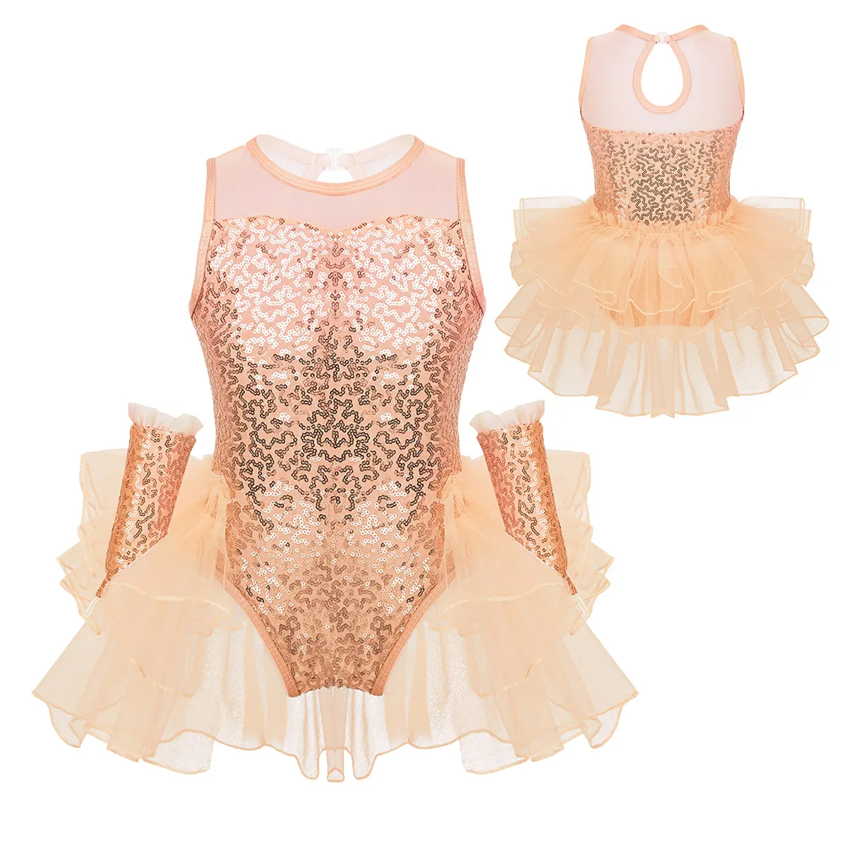Light Orange ChicTry Детская Одежда для танцев с блестками, гофрированное Сетчатое гимнастическое трико для девочек, балетное платье для фигурного катания, костюм с рукавами - Цвет: Light Orange