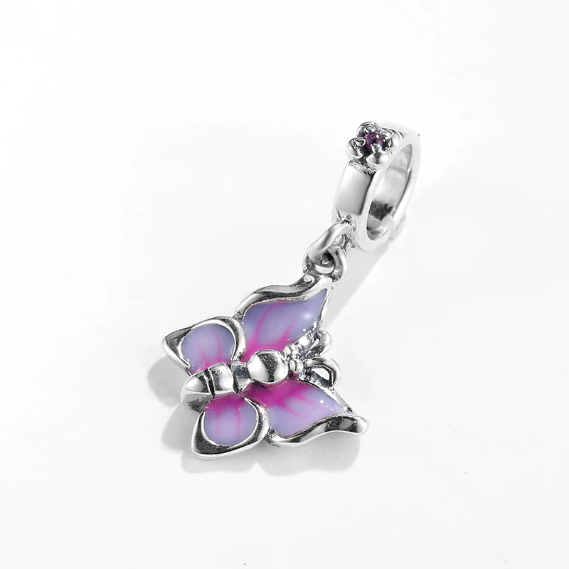 Бусина-Шарм в виде бабочки из серебра 925 пробы с фиолетовой и розовой эмалью |