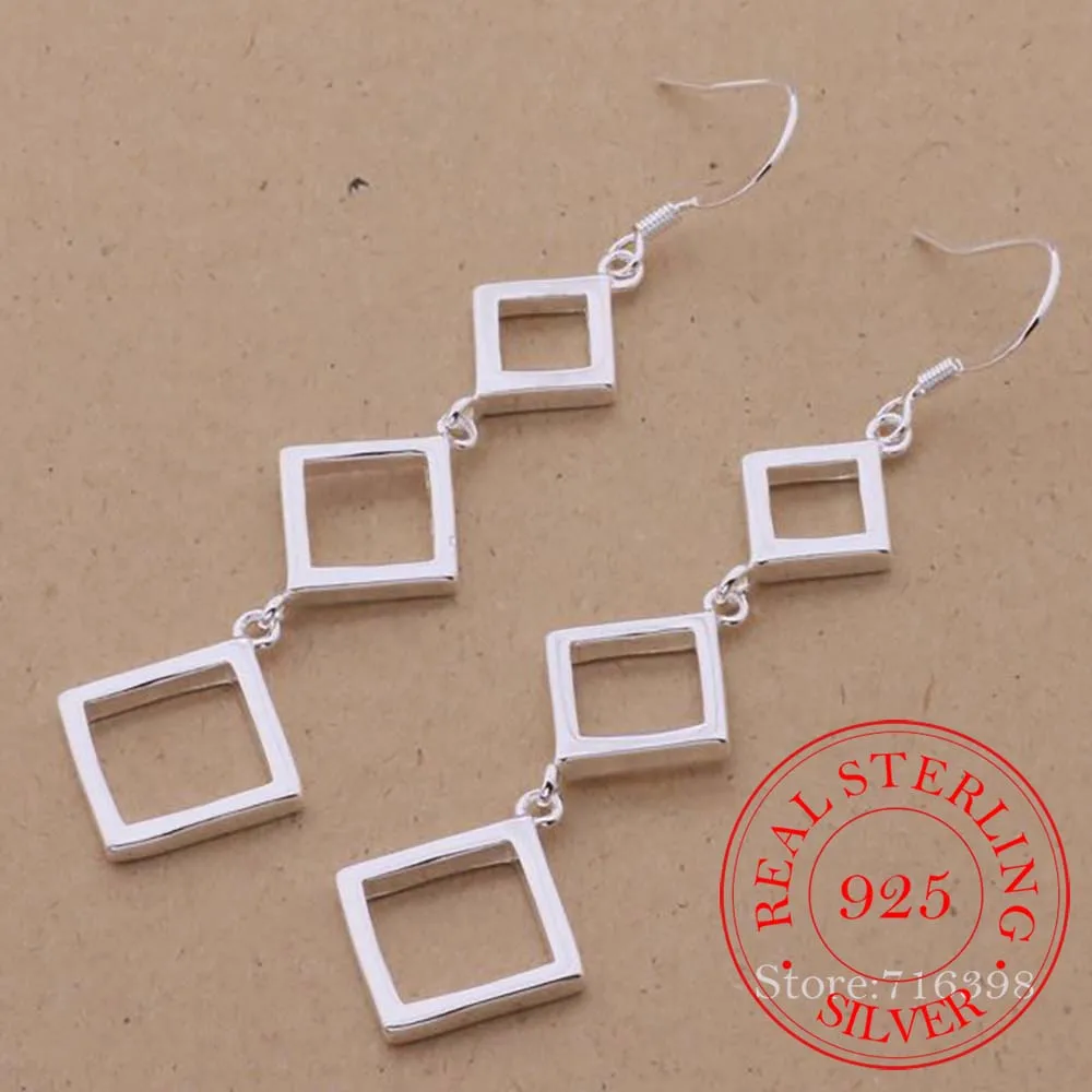 

100% Real 925 Sterling Silver Earring Korean Three Squares Drop Dangle Earrings for Women 2020 Wedding Jewelry Gift /coxalgea