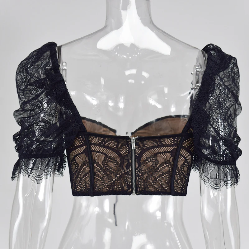 

NewAsia Stretch Lace Corset Top Embroidered Sexy Blouse See Through Underwire Blouses Billowy Sleeve Crop Top Square Collar 2020