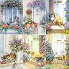 Алмазная 5D Вышивка с кошкой, полноразмерная картина с изображением животного, сада, мозаика из бисера, хобби, искусство, подарок