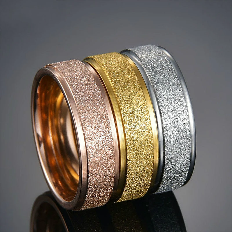 

Visisap Personality Sandblasting Trend Titanium Steel Lovers Engagement Rings Simple Gold Color Frosted Rings for Men R269/6