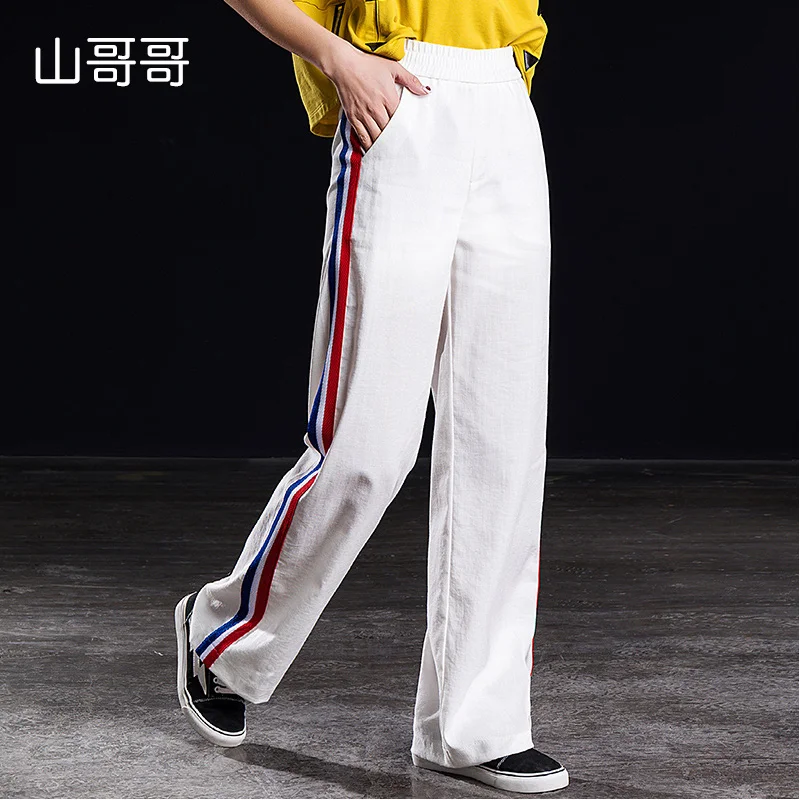 Shangege женские белые боковые полосы высокая эластичная талия широкие ноги модные