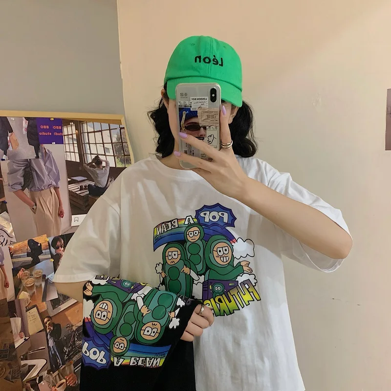 Летние модные хлопковые футболки для женщин черный топ корейские с короткими