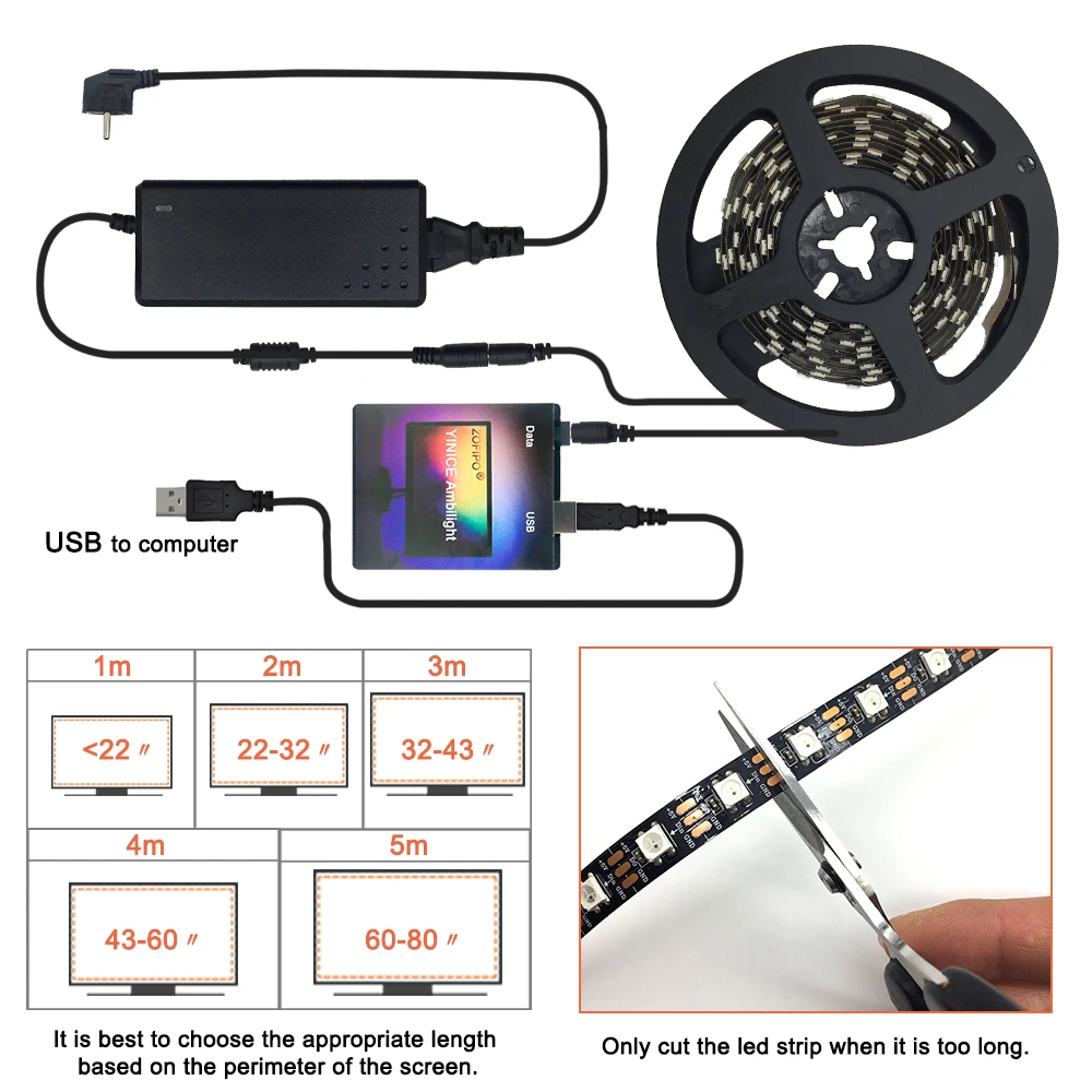 Ambilight USB WS2812B LED Strip light HDTV TV Monitor Desktop PC Screen Backlight lighting ws2812 Pixel Tape Ribbon 1M~ 5M