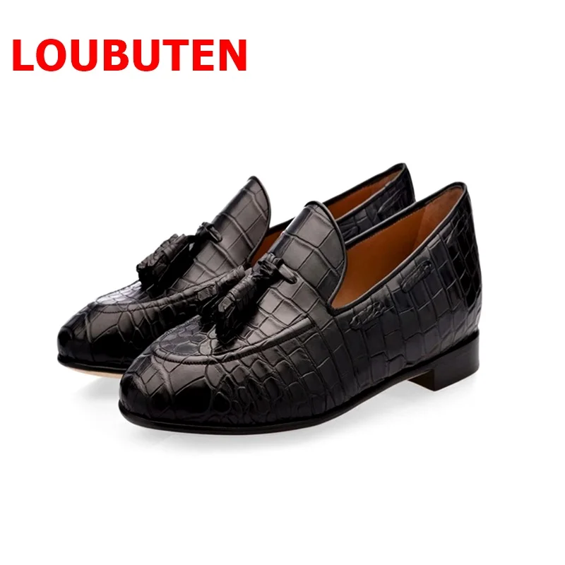 Лоферы мужские кожаные ручной работы с крокодиловым узором и кисточками | Обувь