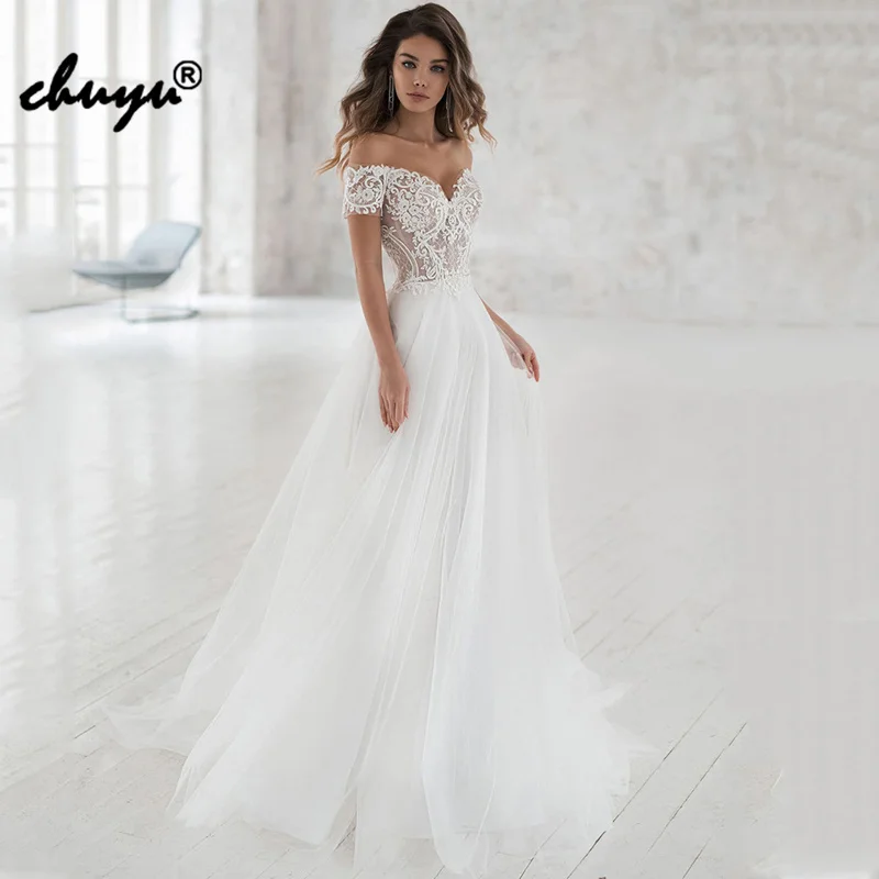 

ChuYu New Charming Lace Sweetheart Bridal Wedding Dresses Off Shoulder Short Sleeves Backless Illusion For Special Occasion