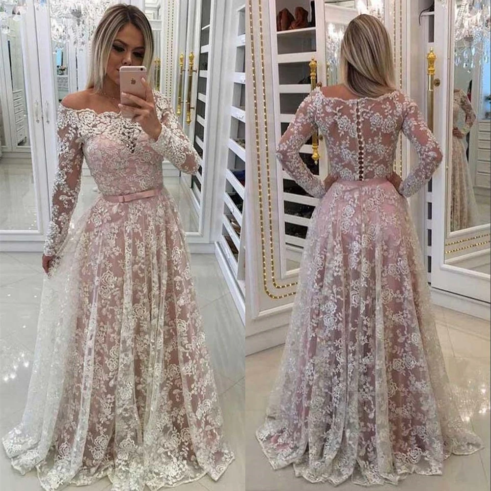 

Gown Plus Size A Line One-Shoulder Evening Dress Long Sleeve Floor-Length Zipper Applique Lace Formal Dresses Custom Prom Party