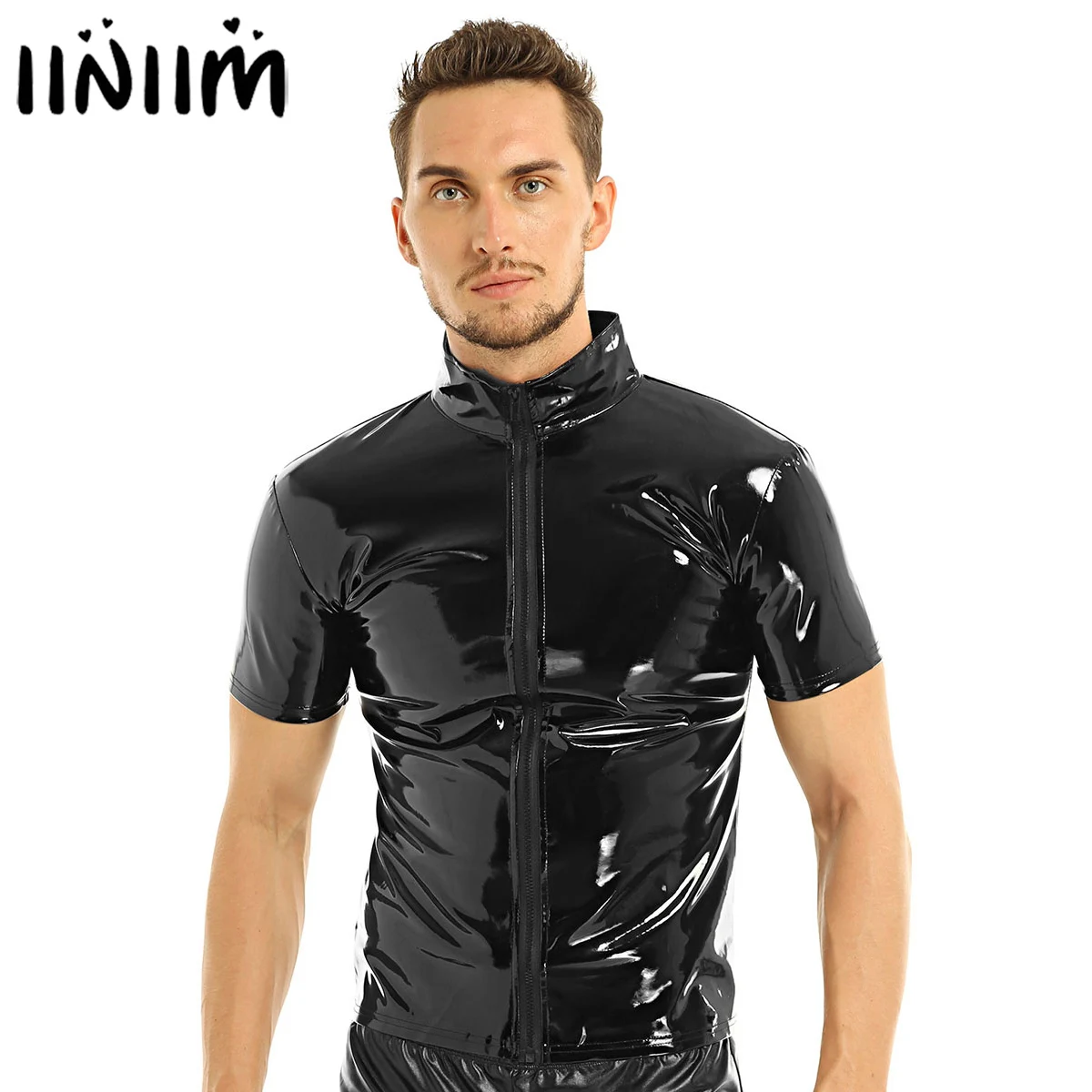 Iiniim, унисекс, металлик, новинка, хипстер, ПВХ кожа, воротник-стойка, короткий рукав, передняя молния, футболка, Модные топы для ночного клуба