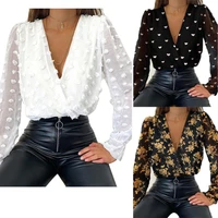 women elegant floral printed blouse spring autumn 2021 sexy deep v neck long sleeve loose pullover chiffon shirt female clothing