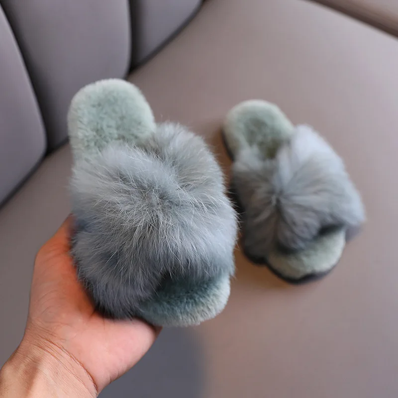 Kids Shoes for Girl Fur Slippers Cute Outdoor Furry Girls Fashion Winter Slipper Flip Flops Non-slip 17-23cm | Детская одежда и