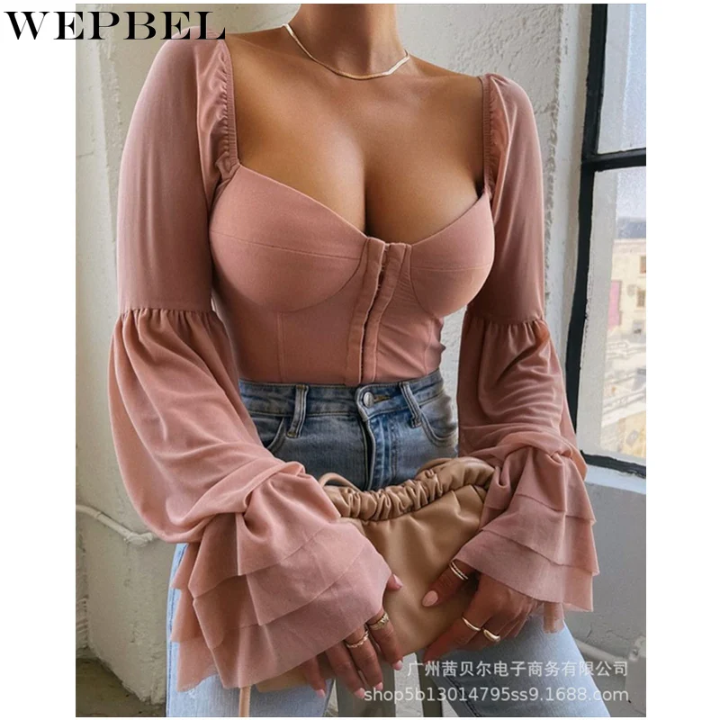 

WEPBEL Women's Elegant Shirt Top Ladies Sexy Fashion Long Ruffle Sleeve V Neck Corset Slim Fit T-shirt