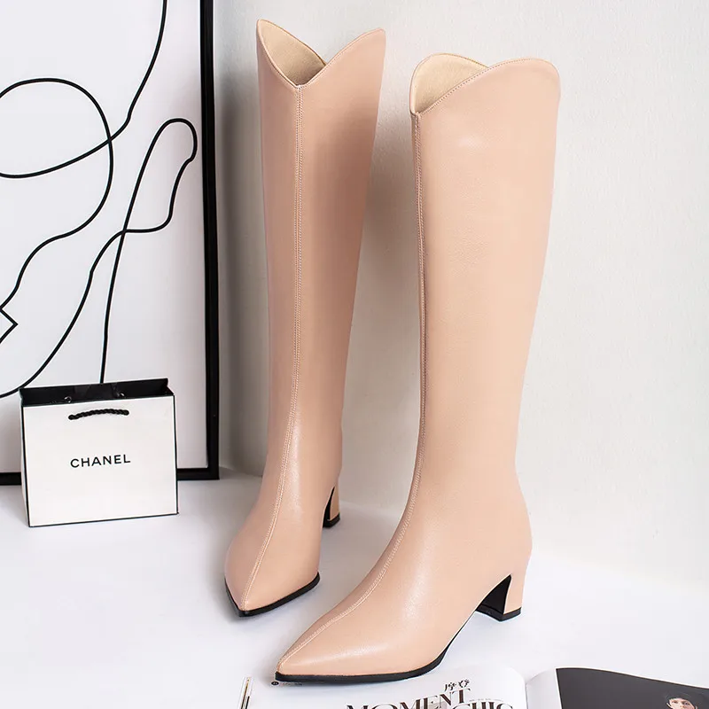 

ESRFIYFE 2020 New Autumn Winter PU Leather Women Knee High Boots Sexy Pointed Toe Western Cowboy Boots Women Thick Heels Boots