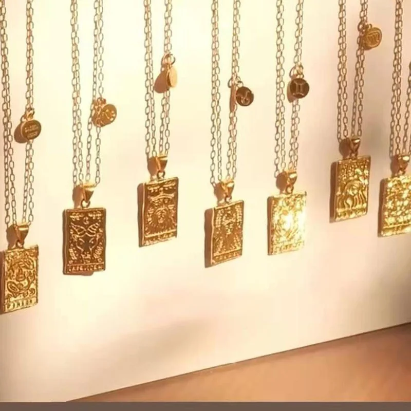 12 Constellations Necklace Square Pendant Fashion 18K Gold Plated Zircon Moon Sun World Creative Jewelr | Украшения и аксессуары