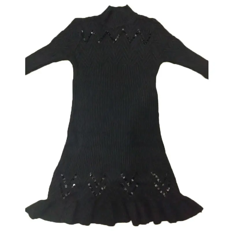 

2021 Hot Sale Vestido De Festa Vestidos Mujer Thick Knitted Dress Solid Color Beaded Turtleneck Casual Sweater Dress Women X363