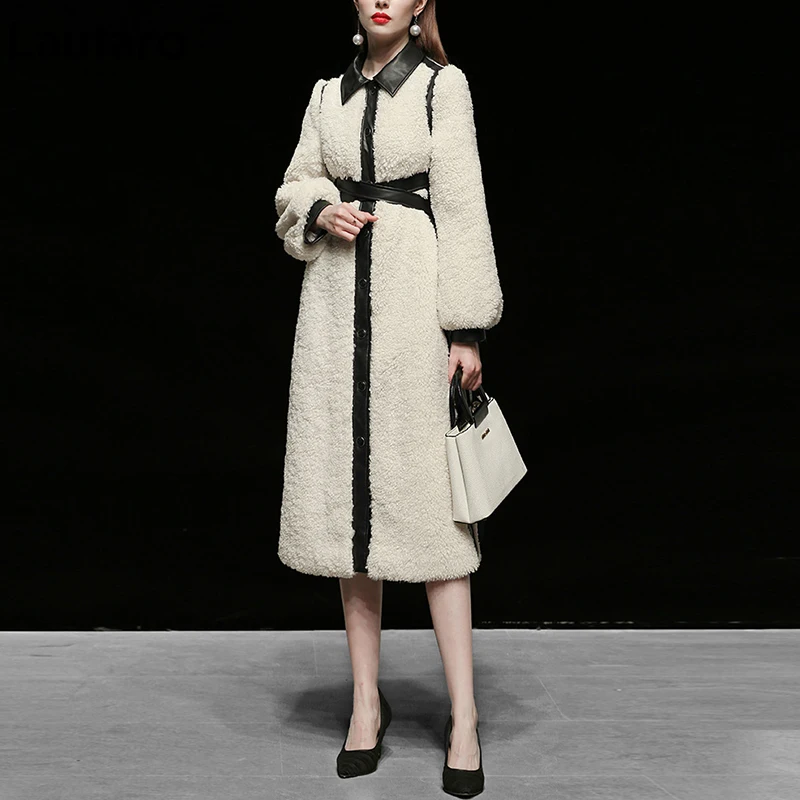 Lauraro Зимние длинные теплые пушистые кожаные шубы в стиле пэчворк из