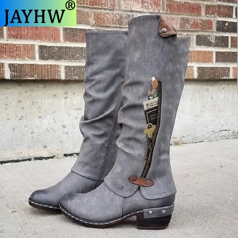

JAYHW Casual Rider Boots Winter New Women Knee High Boots Cow Leather Warm Thick High Heels Motorcycle Boots Punk Shoes Woman