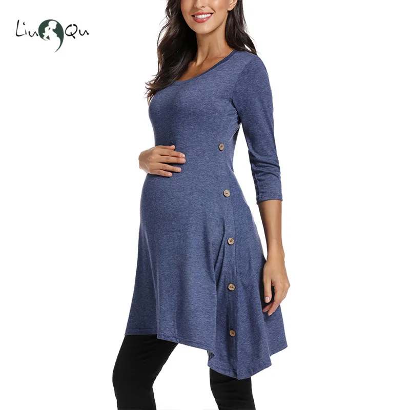 Платье туника с пуговицами на боку для беременных асимметричная зимняя рукавом