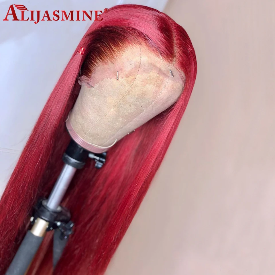 Красный бордовый Цвет прямой парик 13x6 Синтетические волосы на кружеве парики из