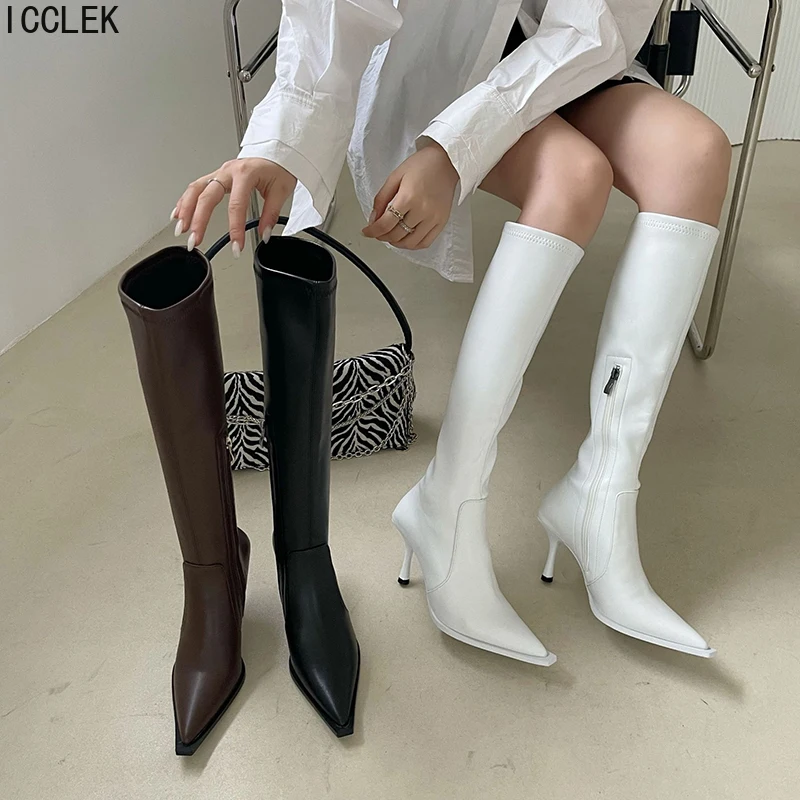 

Зимние кожаные сапоги, женские Роскошные Дизайнерские Сапоги до колена, модные сапоги с острым носком, модные длинные сапоги на молнии для ж...