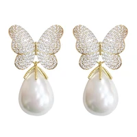 sinzry hotsale gorgeous simulated pearl cubic zircon butterfly flower jewelry accessory trendy dangle earrings for women
