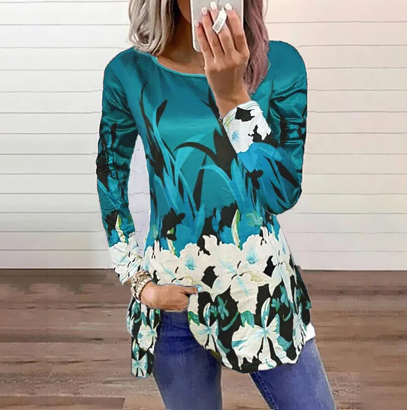 

Women Tshirts 2021 New Autumn Fashion Women's Flower Print Round Neck Long Sleeve Slim Fit Top Casual Woman Tshirts