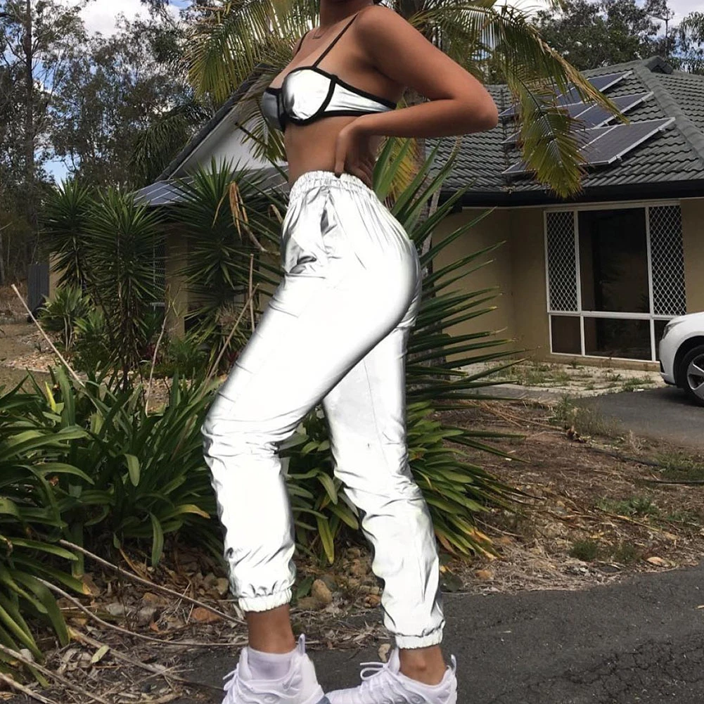 Женские блестящие светоотражающие брюки