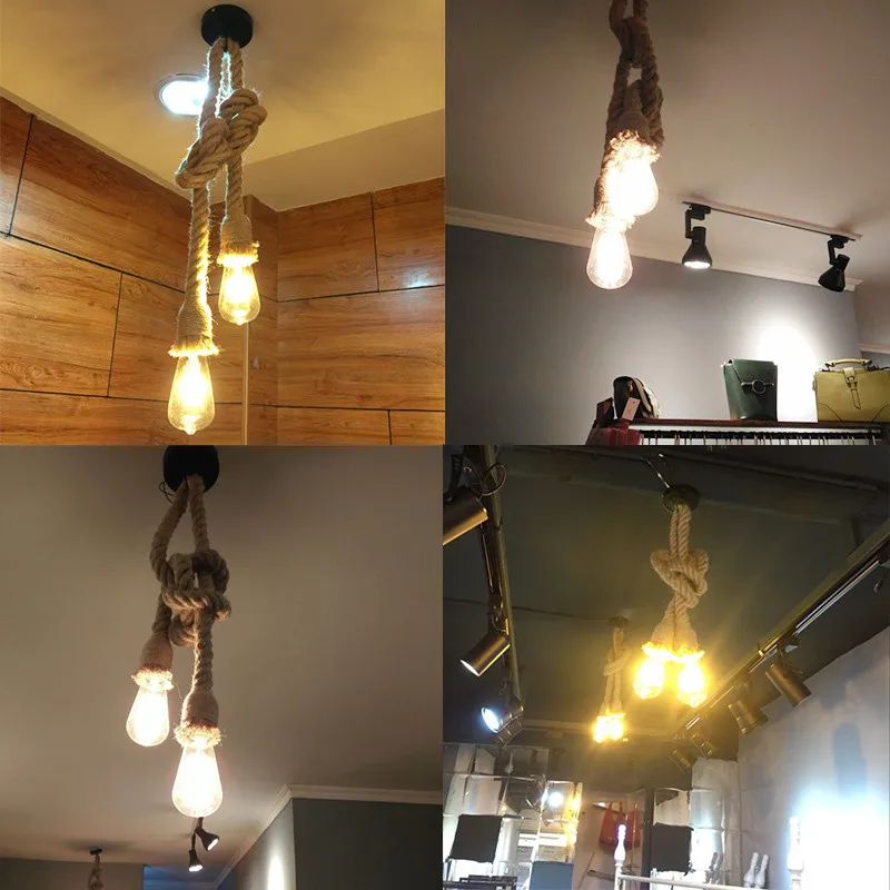 

Retro Rustic Rope Chandelier Countryside Loft Pendant Lamp Home Decor Hainging Lighting for Kitchen Restaurant Cafe Living Room