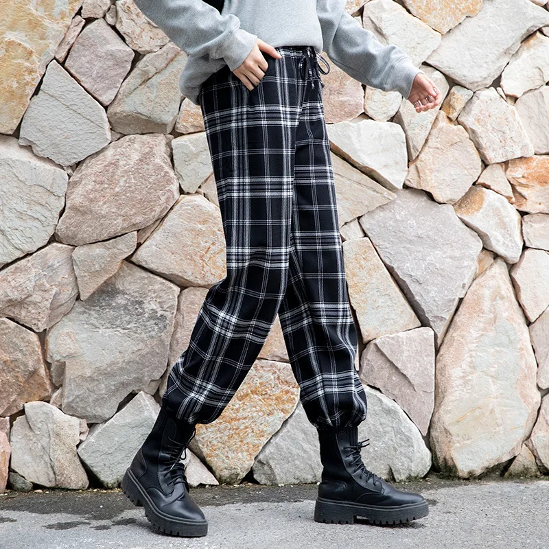 

CGC Harajuku Checked Pants Woman 2022 Spring High Waist Plaid Sports Pants Casual Female Wide Leg Trousers All-match Streetwear