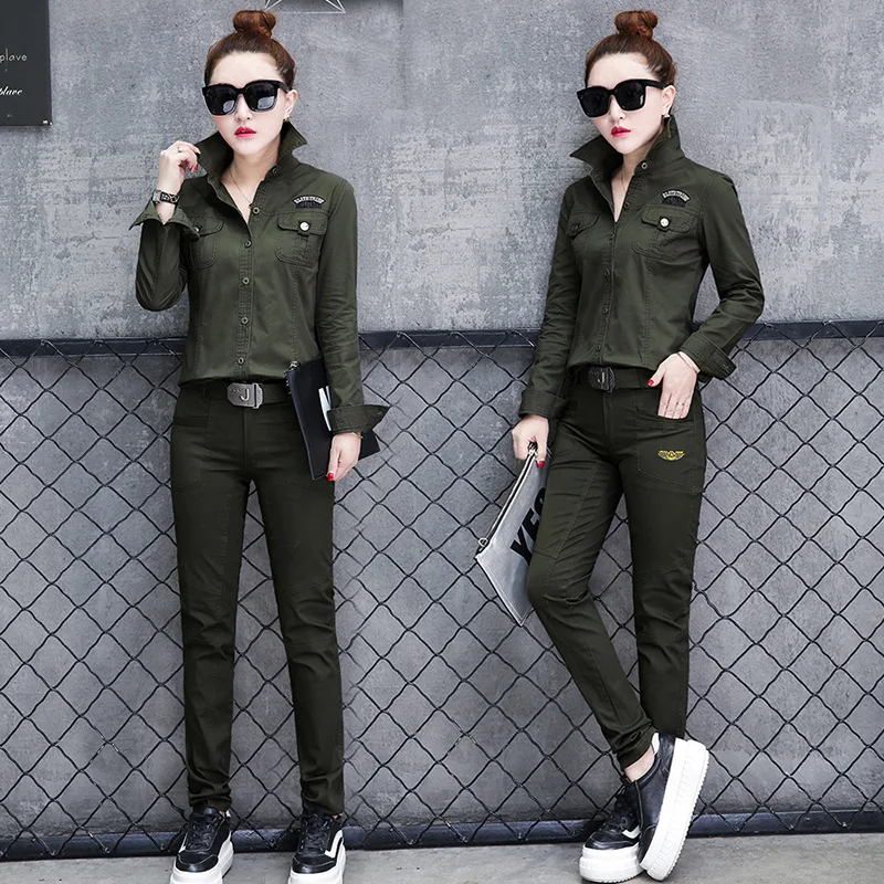 Осенний женский костюм из двух предметов спортивный армейский зеленый рубашки с