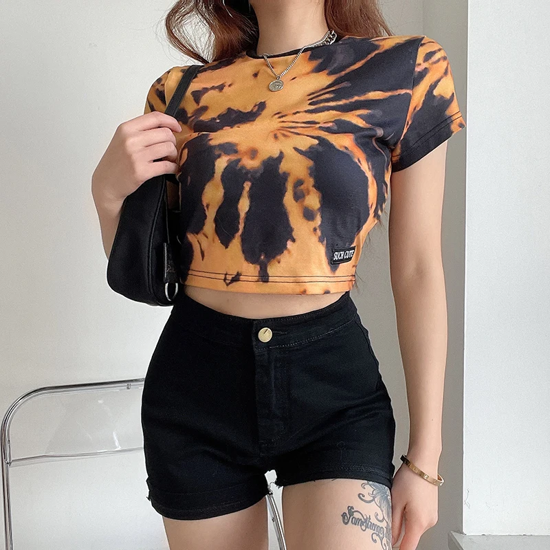 

Adora Women Tie Dye Short Sleeve T-shirts Fashion Skinny Crop Tops O Neck Slim Loungewear Street Casual Hot Girl Tees