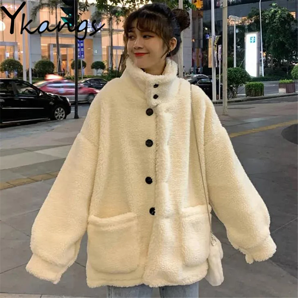 

Imitation Lamb Wool Coat Korean Style Sweet Solid Color Loose All-Match Trend Parka Autumn Winter Simple Harajuku Student Jacket
