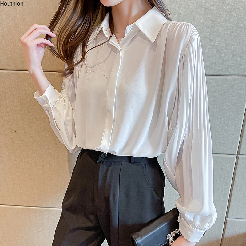 

Silk Women's Blouses Long Sleeve Top New Korean Buttons Solid Shir Office Lady Regular Fashion Silk Blouse Casual t Houthion