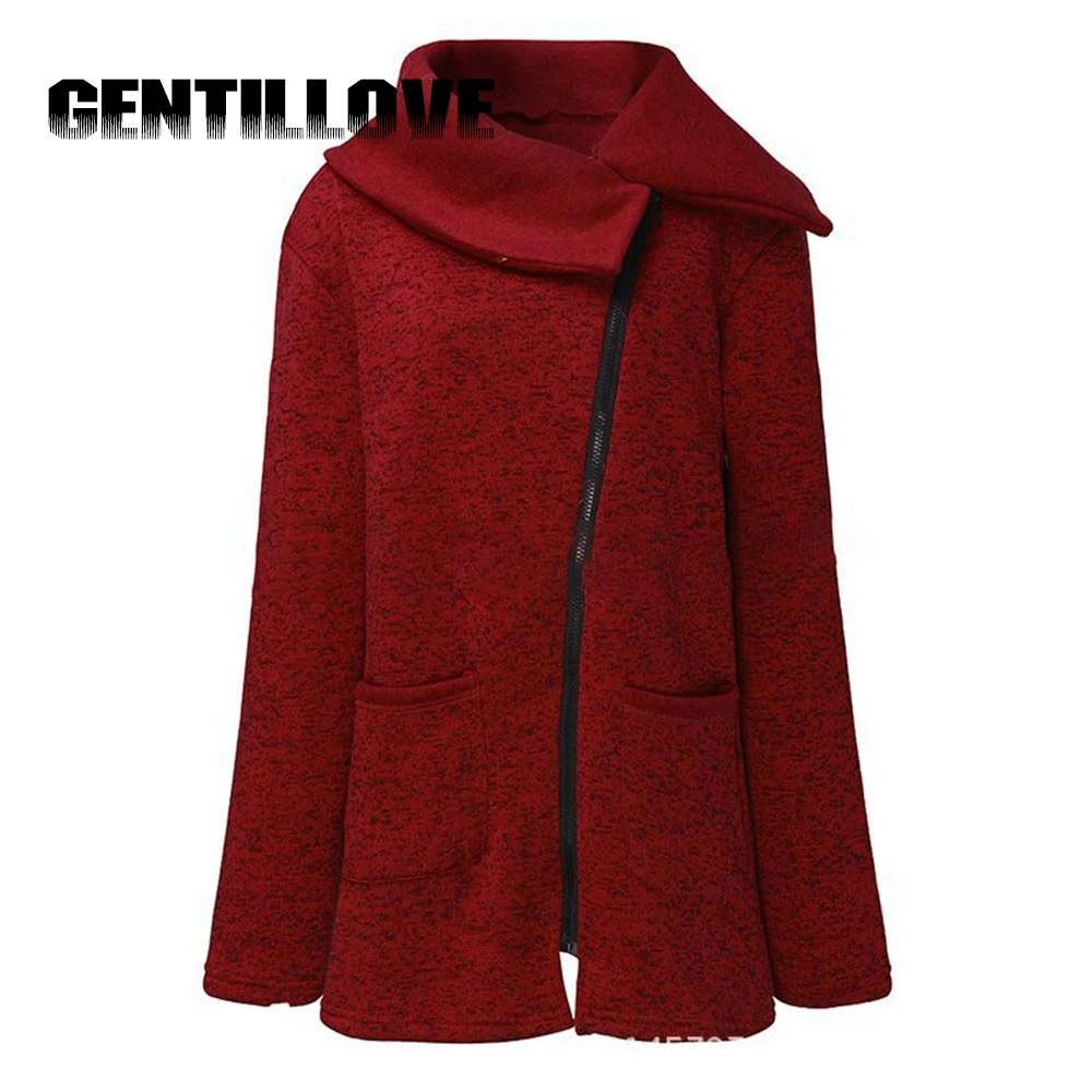 

Gentillove Women Autumn Solid Zipper Double Layer Casual Hoodies Irregular Collar Long Sleeves Pockets Sweatshirt Outwear